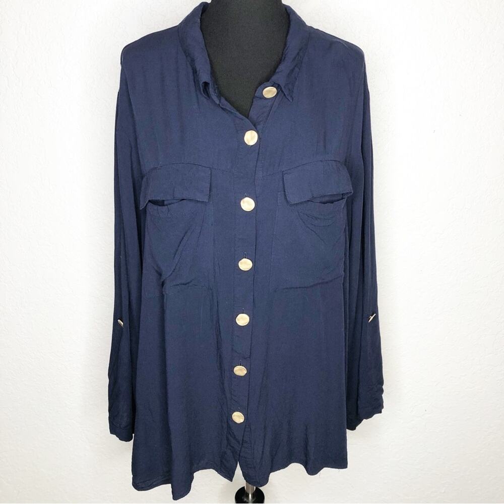 City Chic navy blue gold button down top size XXL / 24 - Picture 1 of 16